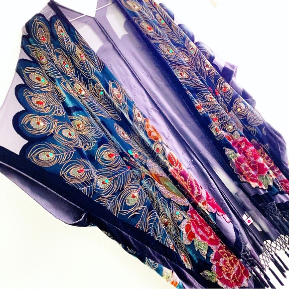 VINTAGE shawl cover up velvet beads embroidery peacock floral OS silk blend - Picture 1 of 16
